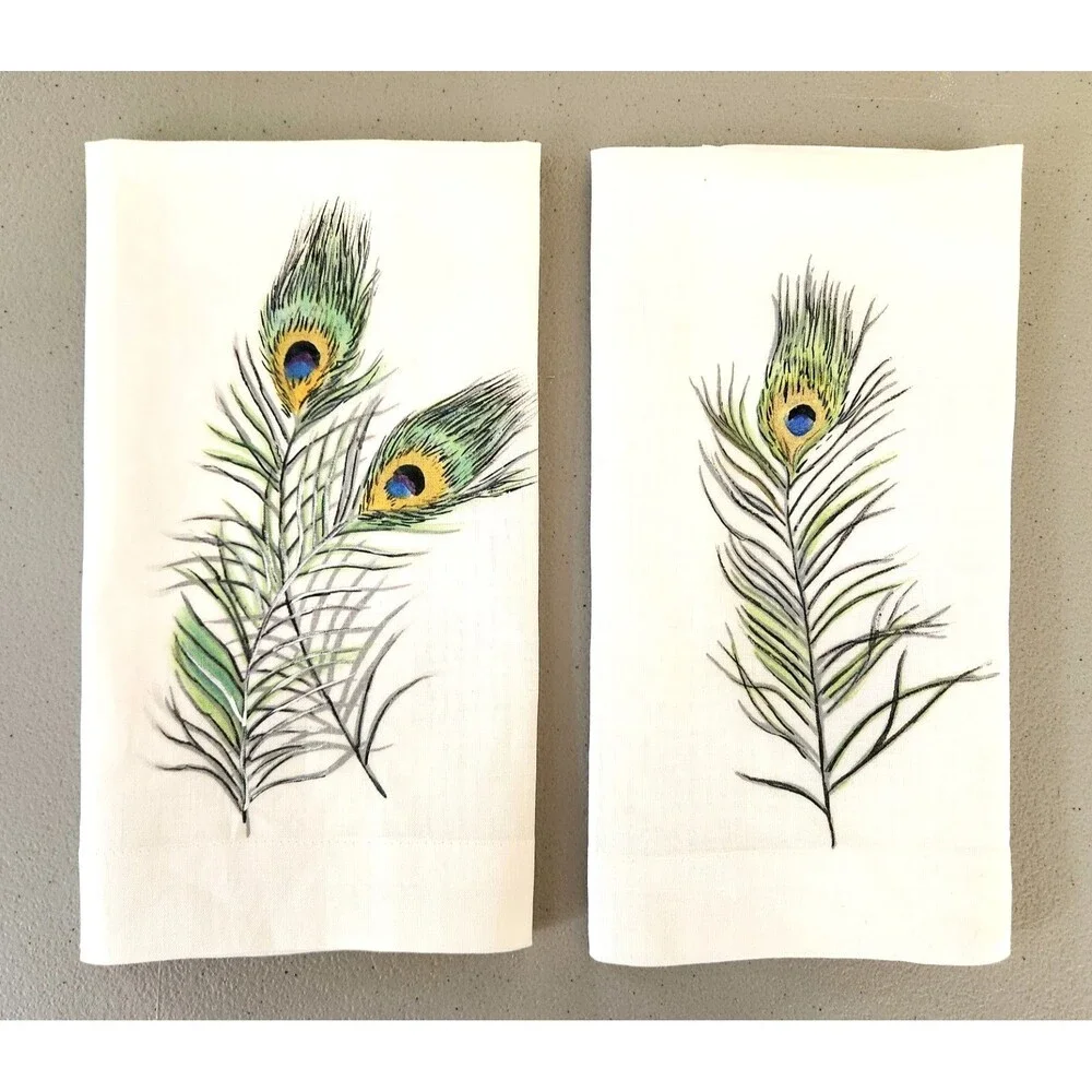2 VTG Guest Fingertip Tea Towels Hand Painted Peacock Feathers Cottagecore #02